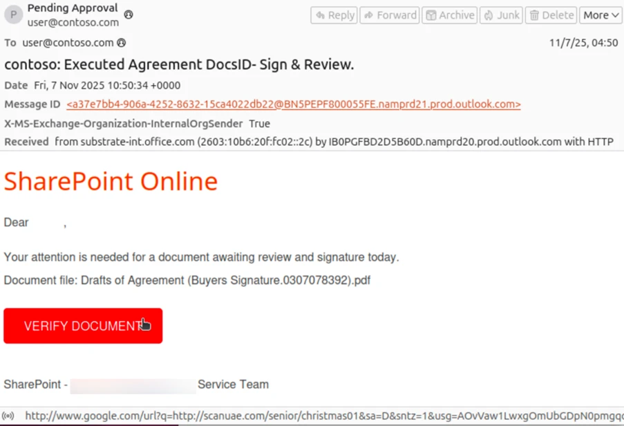Reference screenshot from the official report showing a SharePoint-themed phishing email that appears to be internally sent