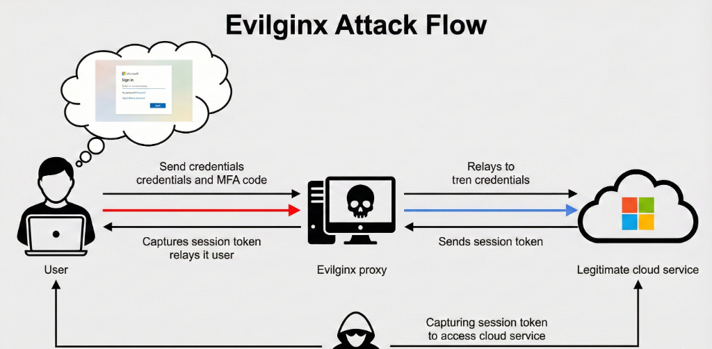 Diagram illustrating how Evilginx proxy intercepts user session