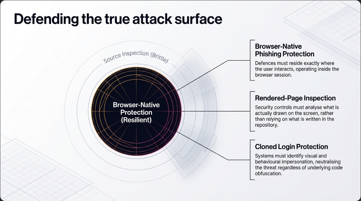 Diagram showing the shift from source-based inspection to browser-native protection