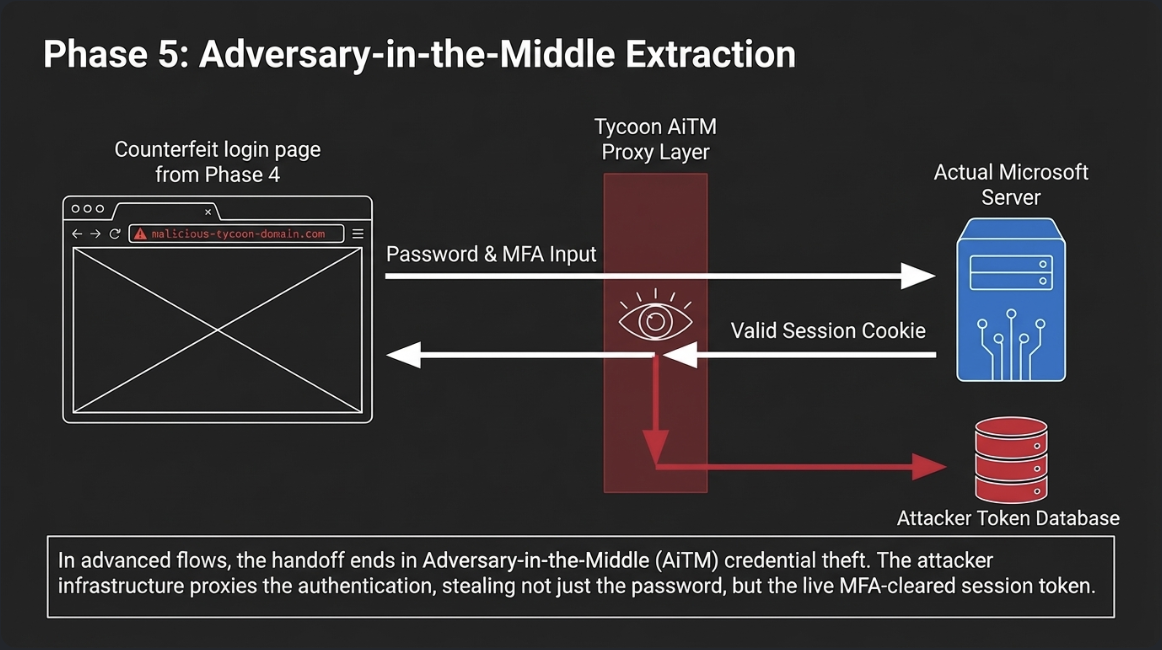 Diagram showing the AiTM extraction stage after a trusted redirect handoff