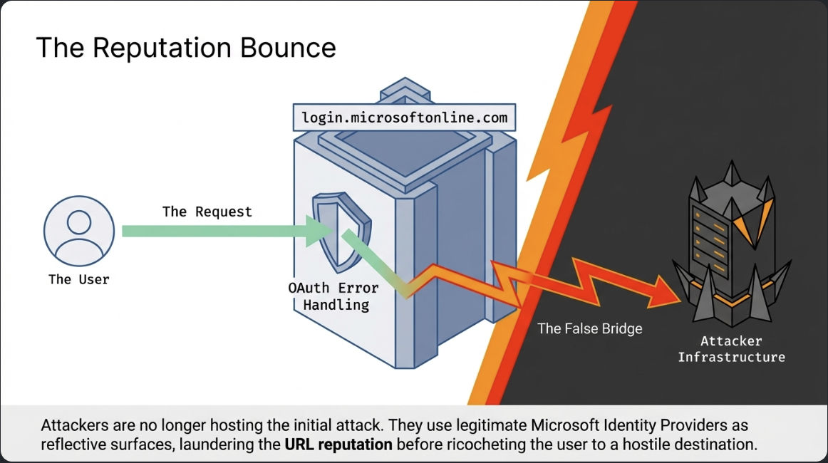 Diagram showing how attackers use Microsoft's domain as a trusted redirect handoff