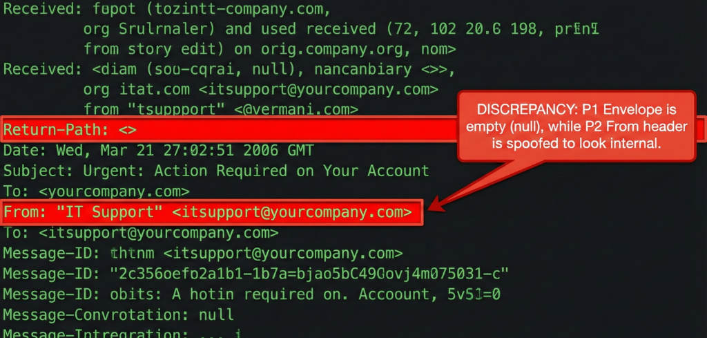 Email headers showing P1 envelope is empty while P2 From header is spoofed