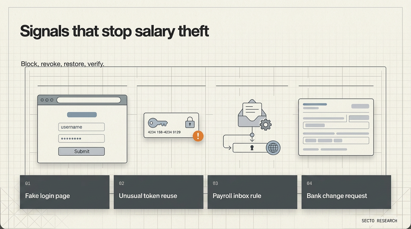 Table showing payroll theft signals, defensive responses, and outcomes for fake login pages, token reuse, inbox rules, and bank changes
