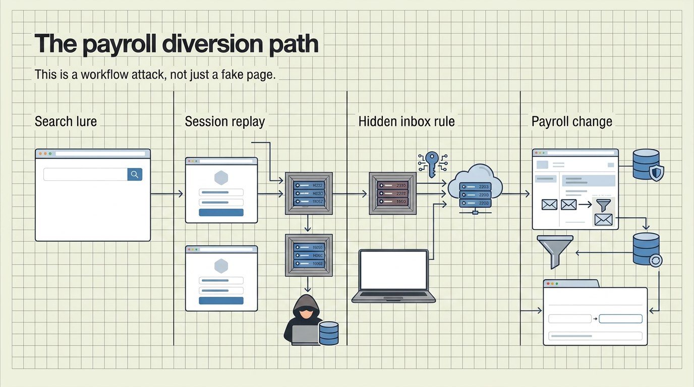 Swimlane diagram showing payroll diversion from search ad click to AiTM login, token replay, inbox rule, and payroll edit