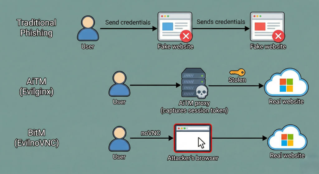 Comparison of traditional phishing, AiTM, and BitM attacks