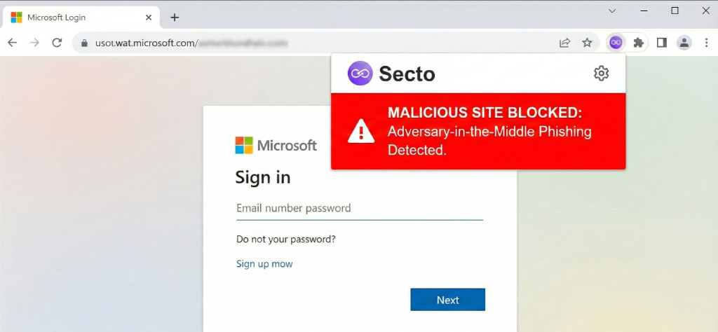 Secto blocking AiTM phishing attempt with warning