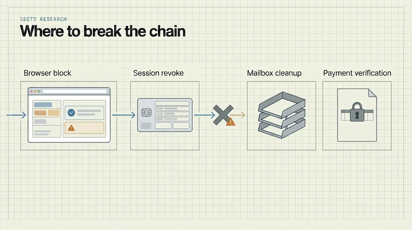 Control map showing where browser, identity, mailbox, and payment defenses can break a W3LL-style chain